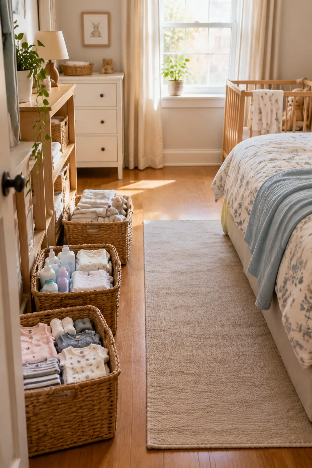 Small shared bedroom with baskets organizing baby clothes and care items