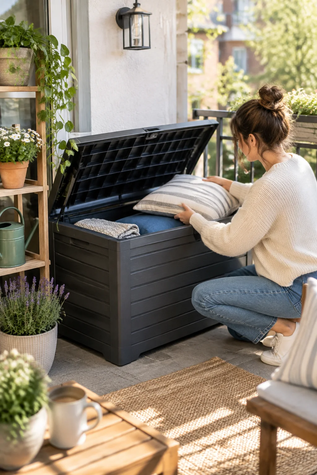 a weather-resistant storage box in a lived-in home and garden scene