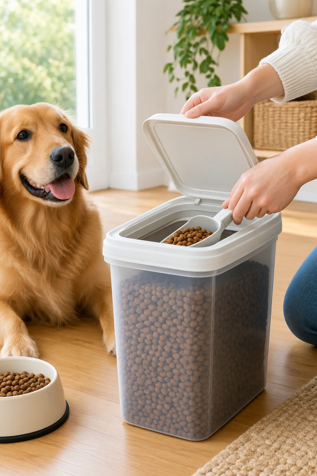 an airtight pet food container in a calm everyday pet-care scene