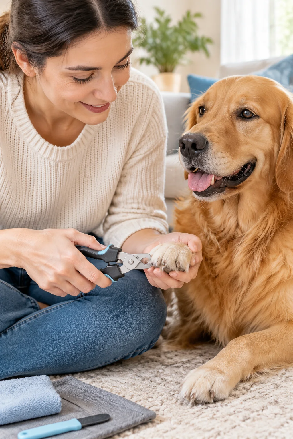 pet nail clippers in a calm everyday pet-care scene
