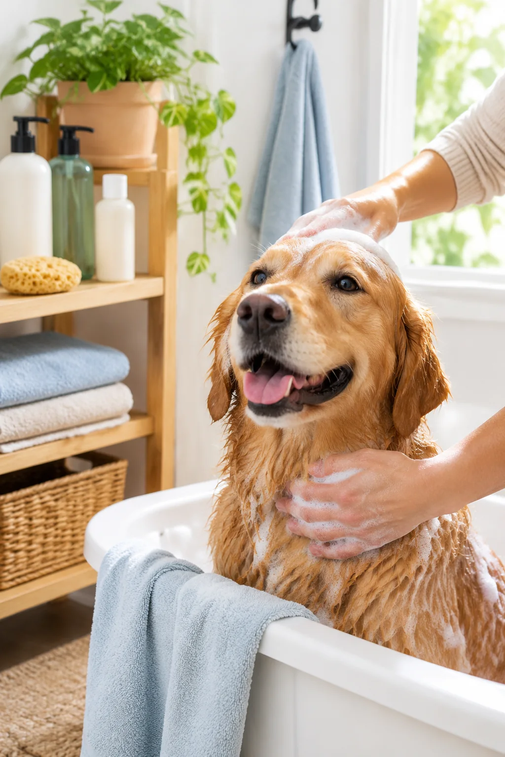 a pet bath storage caddy in a calm everyday pet-care scene
