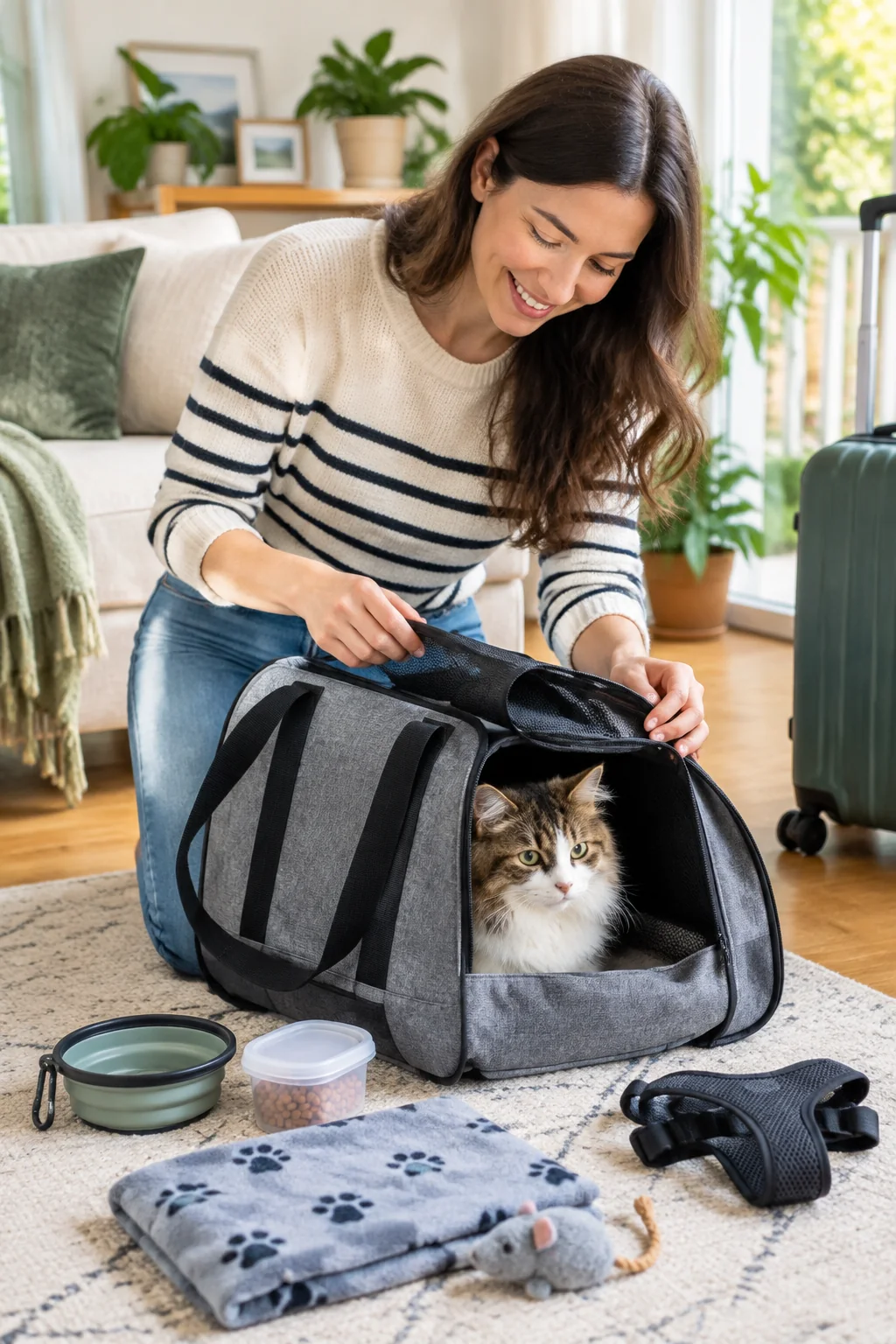 a compact pet travel bag in a calm everyday pet-care scene