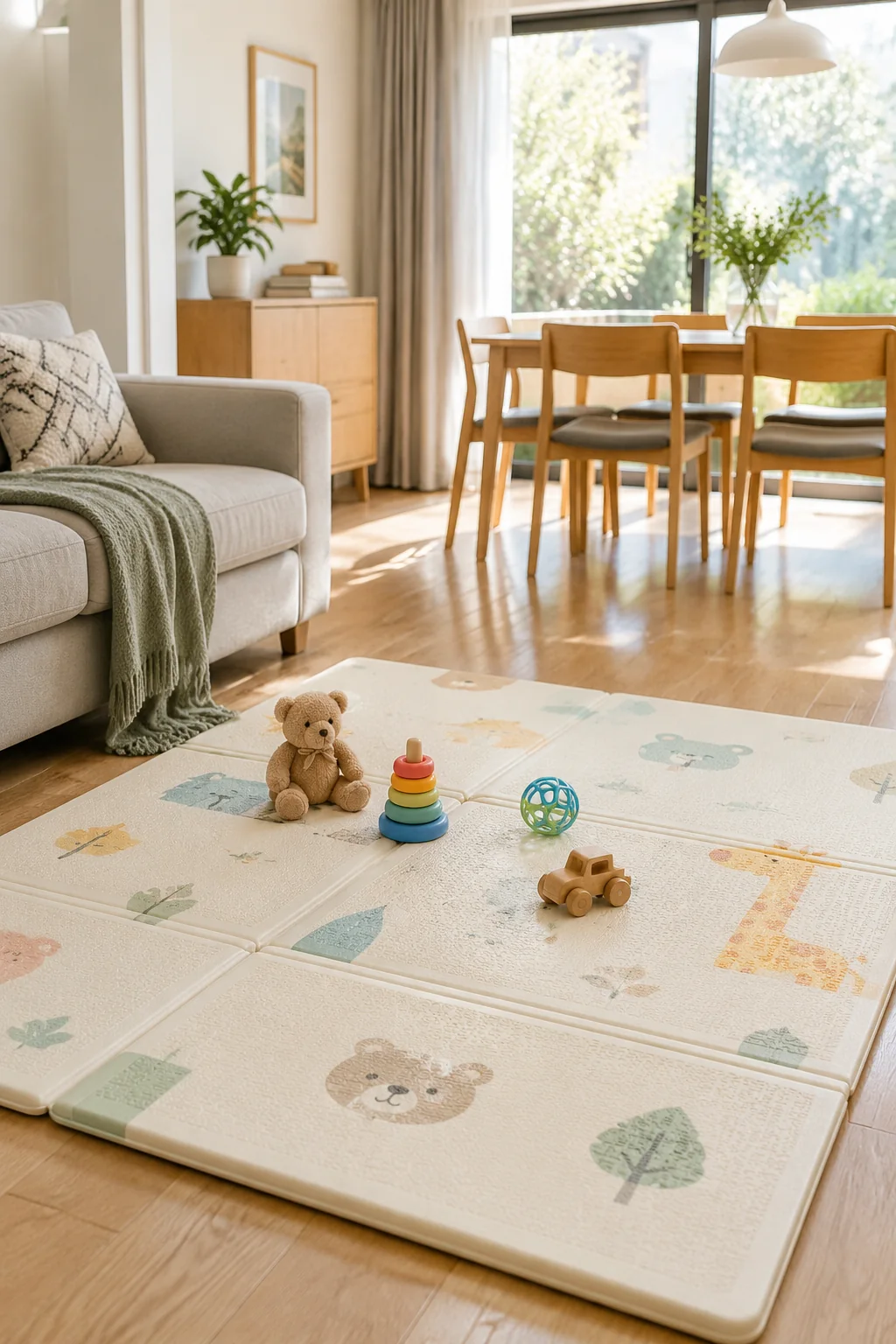 Foldable baby play mat set up in a small family living room