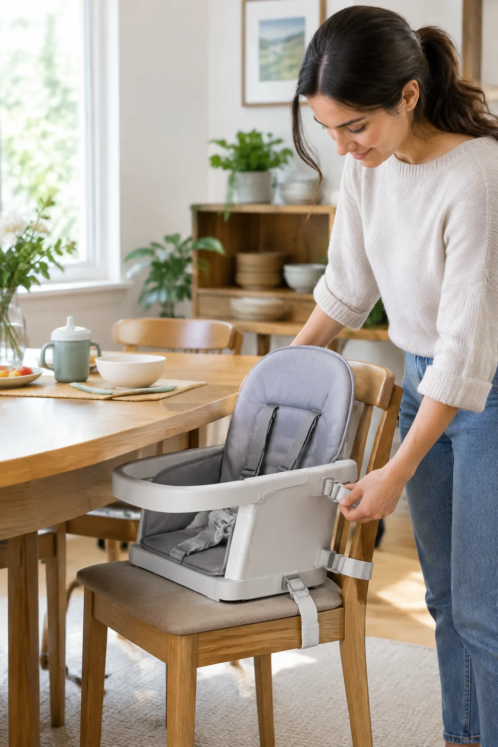 Caregiver checking a portable high chair attachment at a family dining table