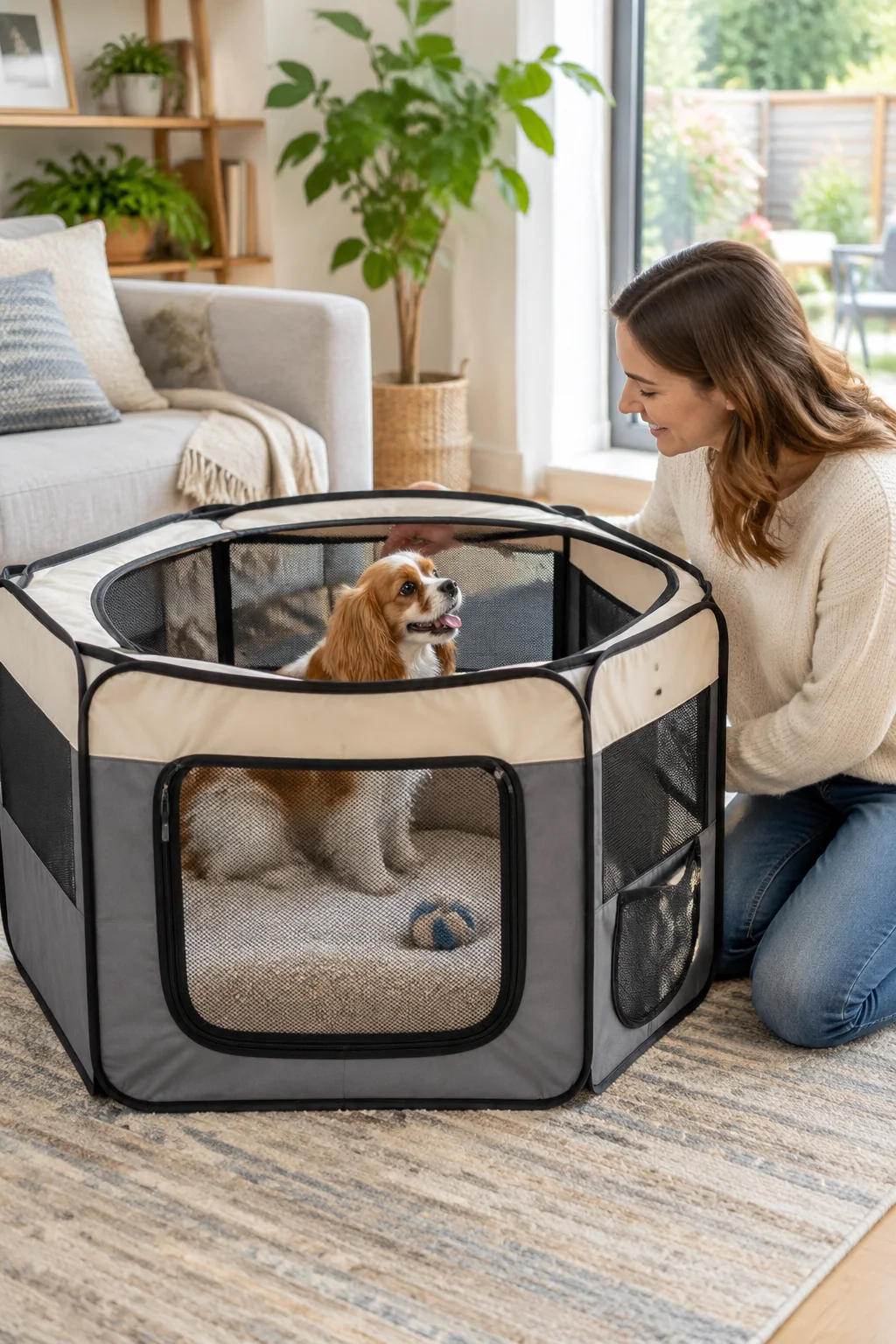 a portable pet pen in a calm everyday pet-care scene