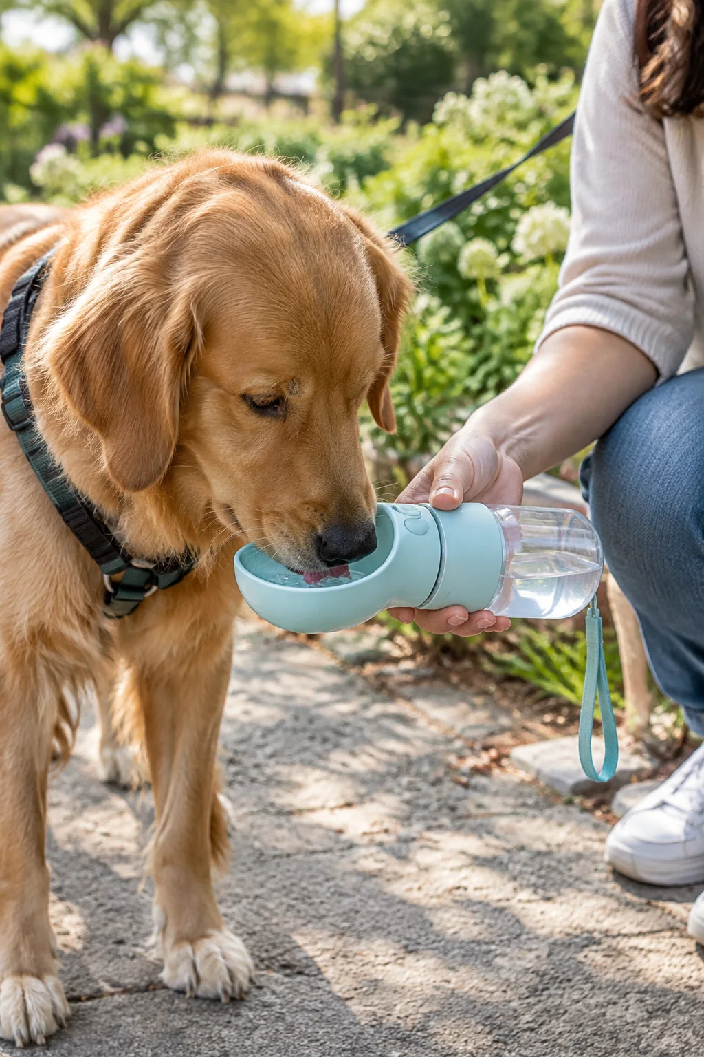 a portable dog water bottle in a calm everyday pet-care scene