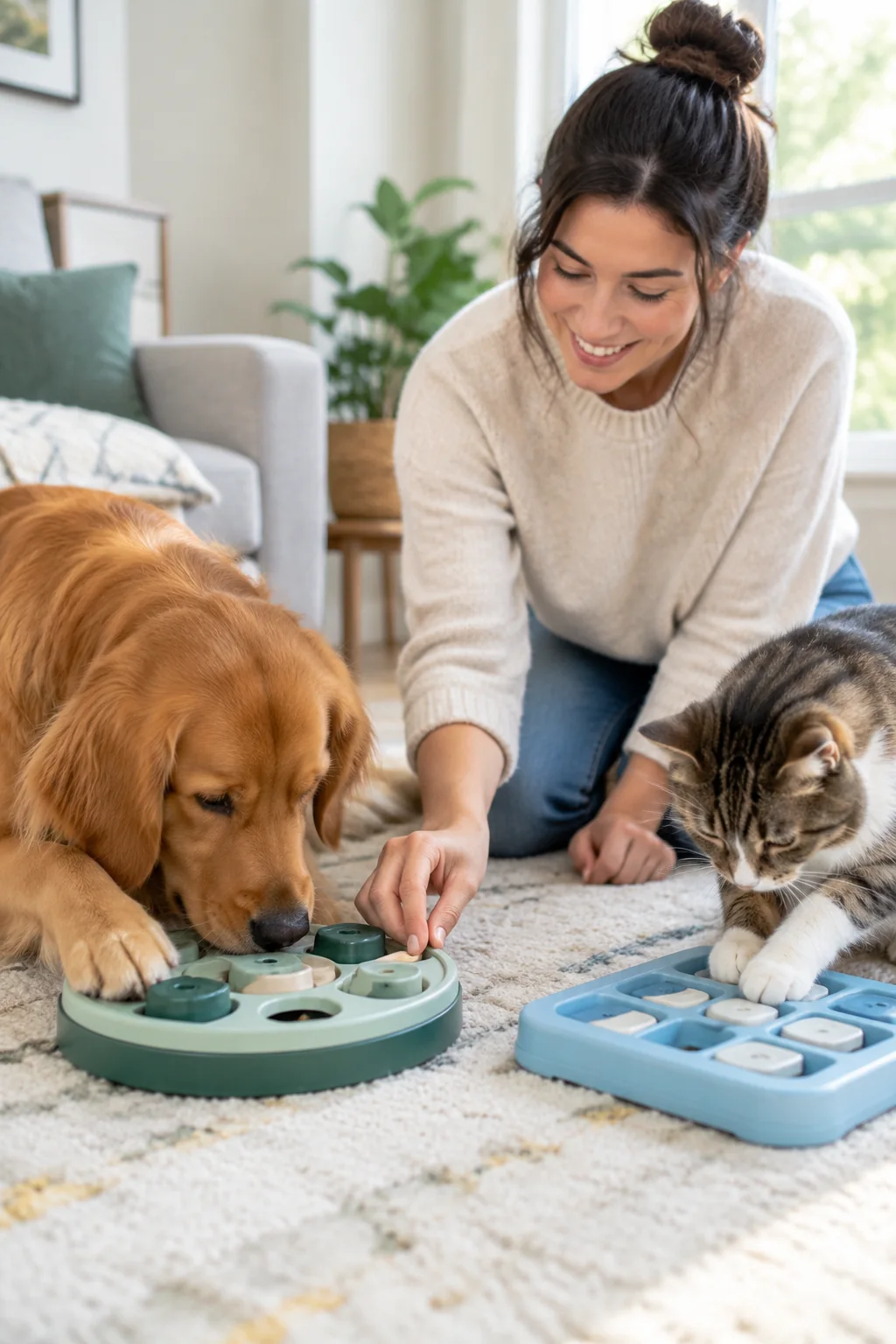 a puzzle feeder in a calm everyday pet-care scene