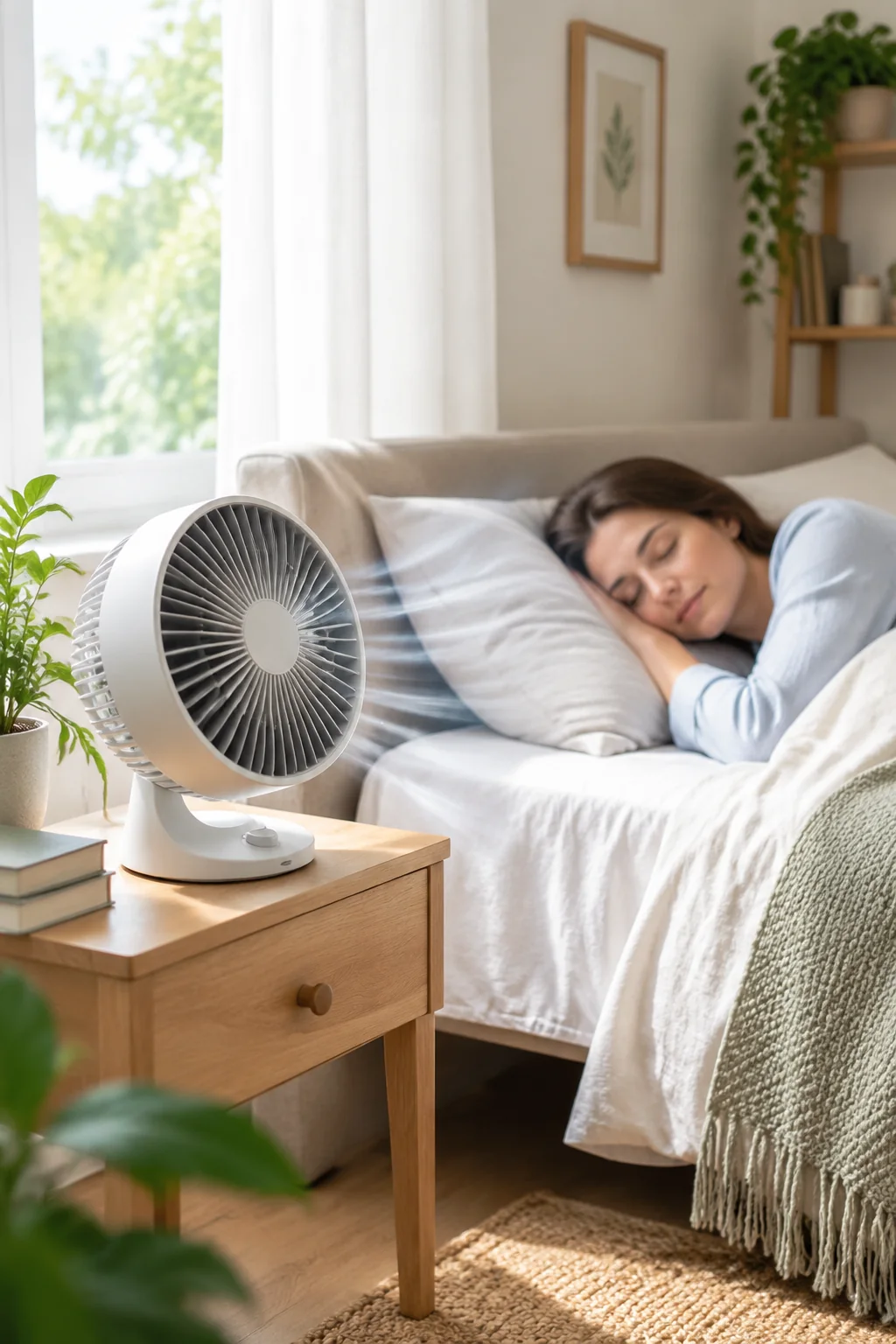 a quiet bedroom fan in a lived-in home and garden scene