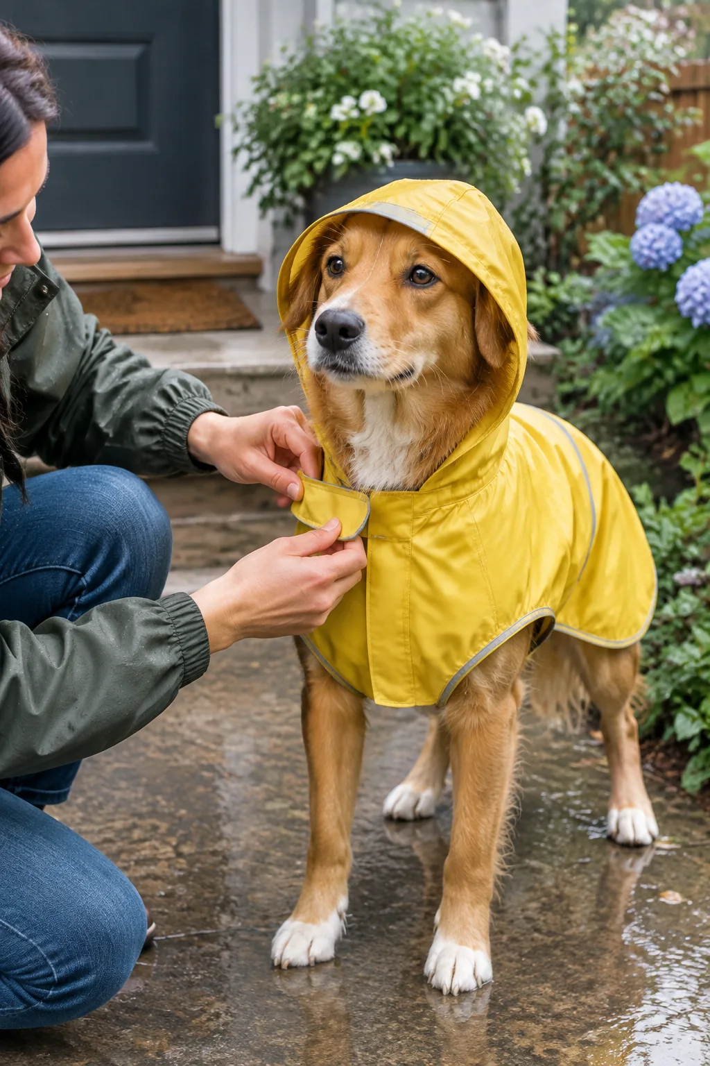 a dog rain coat in a calm everyday pet-care scene