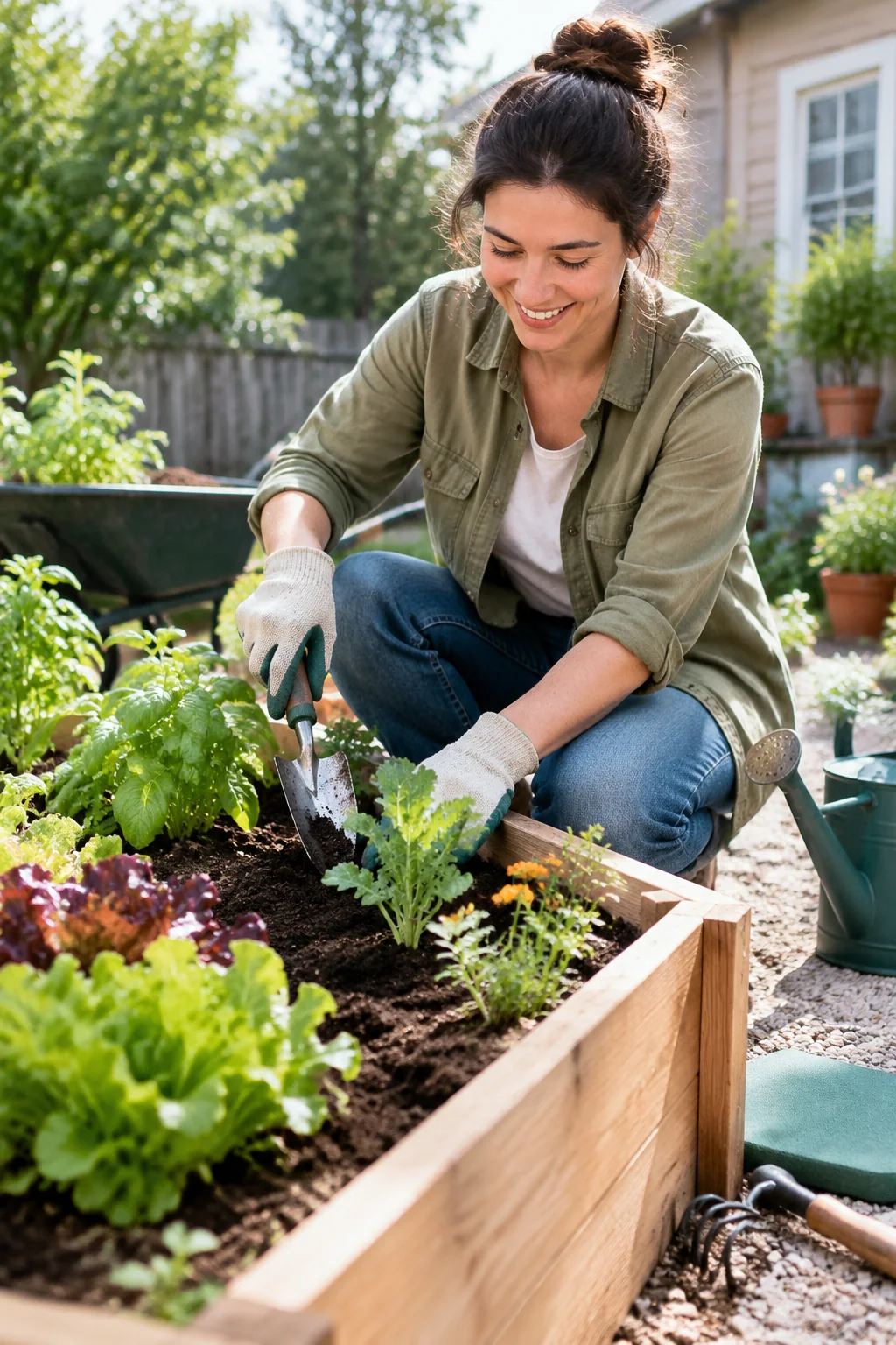 a small raised-bed tool set in a lived-in home and garden scene