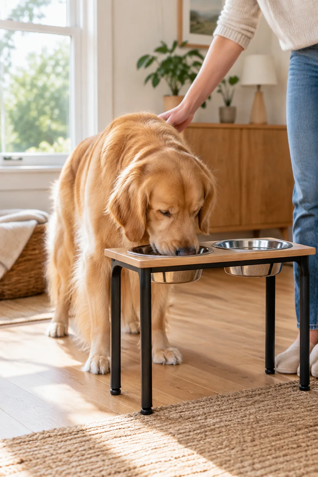 a pet food and water bowl setup in a calm everyday pet-care scene