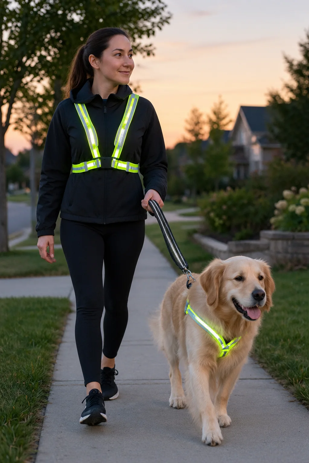 reflective pet walking gear in a calm everyday pet-care scene