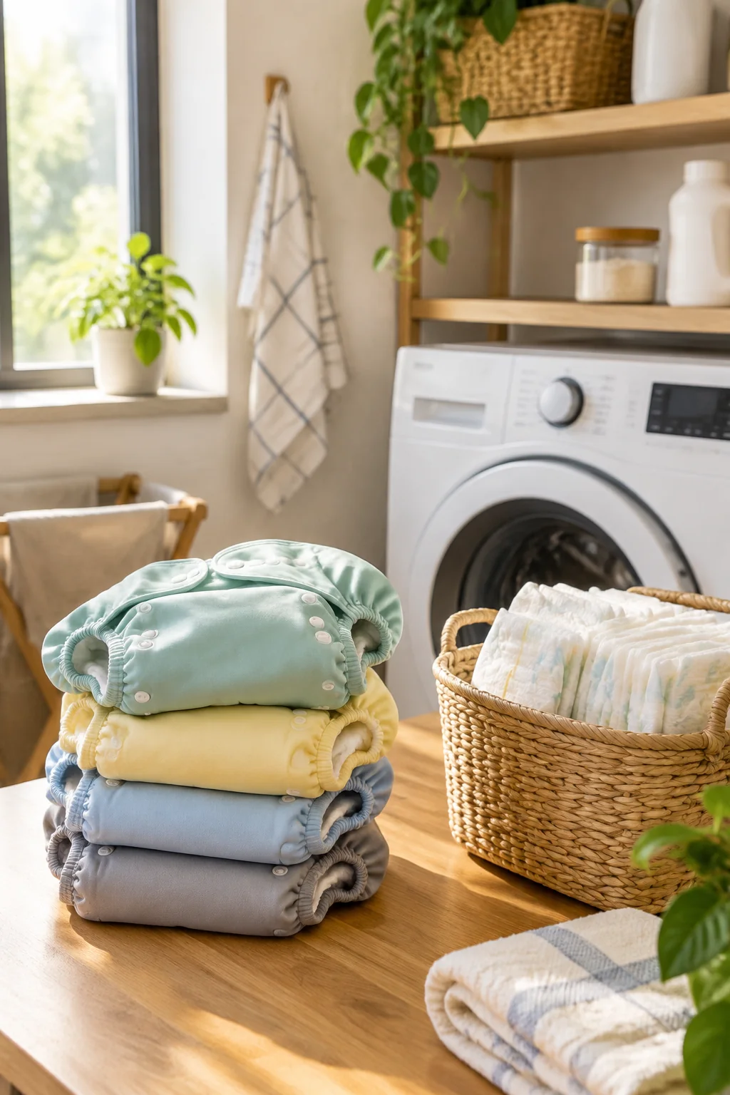 Reusable cloth diapers and a small basket of disposable diapers in a home changing area