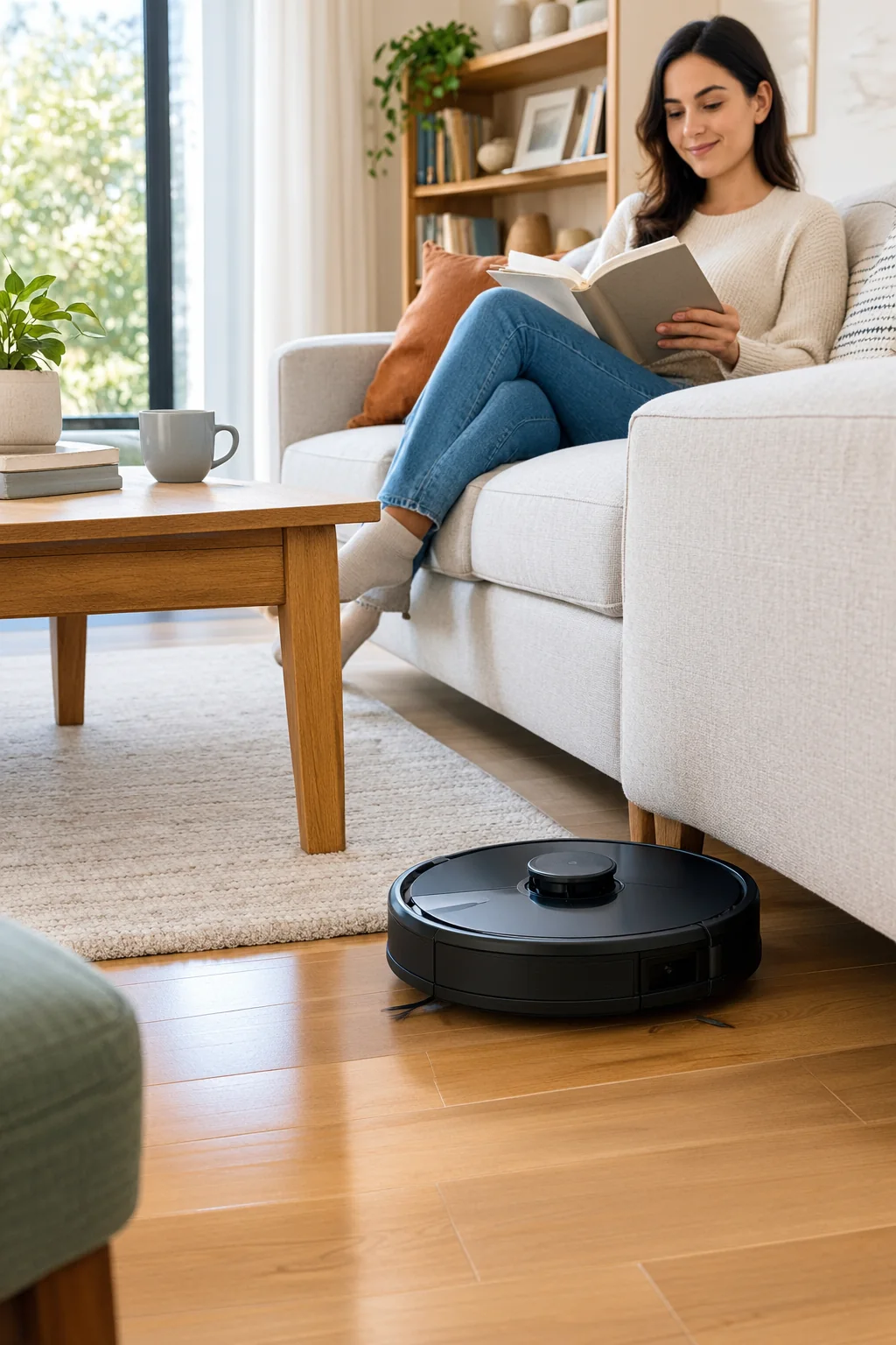a robot vacuum in a lived-in home and garden scene