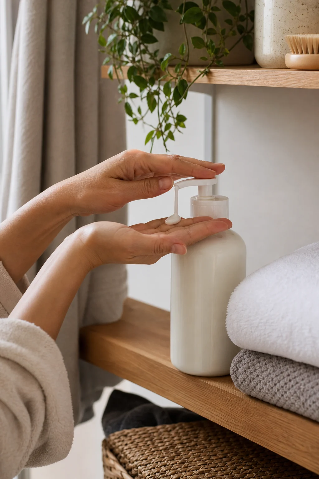 Fragrance-free body lotion beside folded towels in a shared bathroom