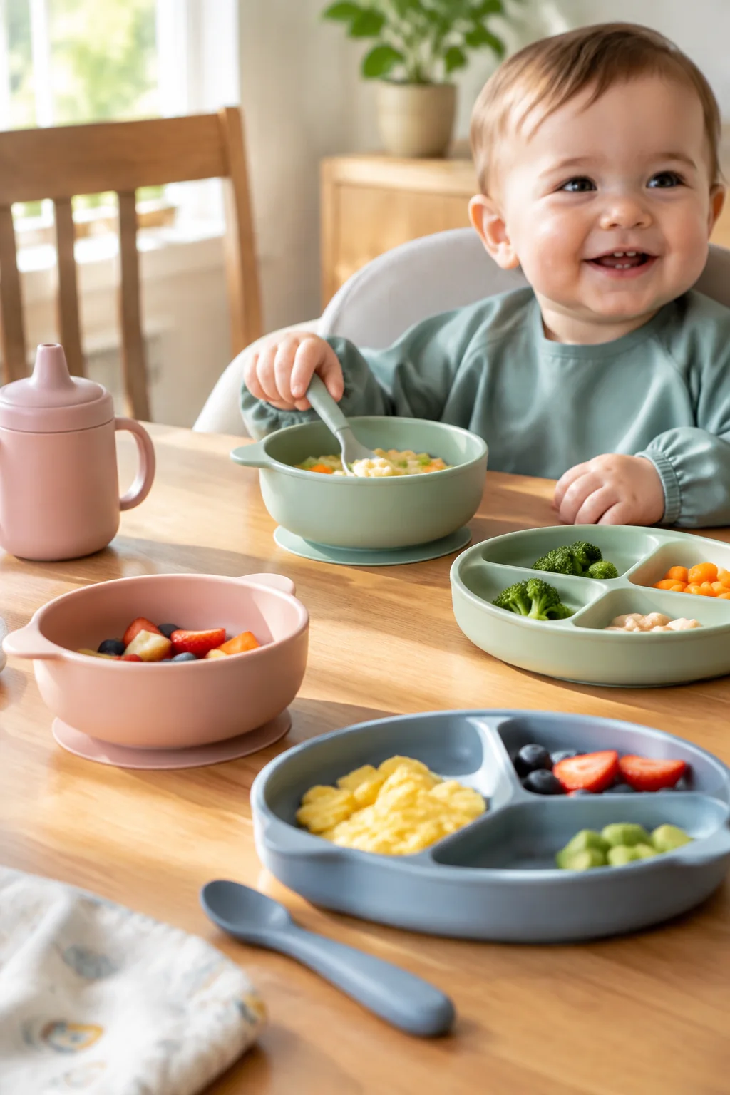Silicone and lightweight feeding bowls set out for a family meal