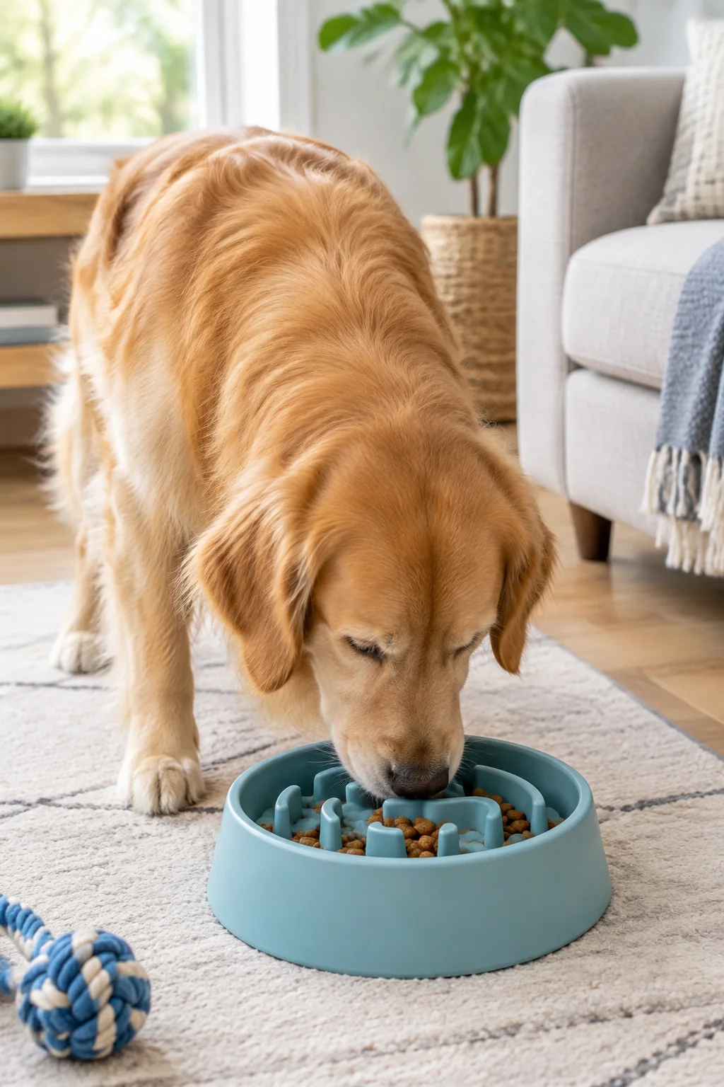 a slow feeder bowl in a calm everyday pet-care scene