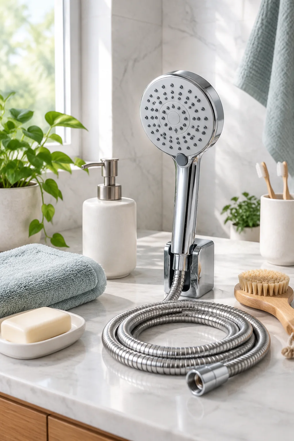a SparkPod showerhead in a realistic everyday product scene