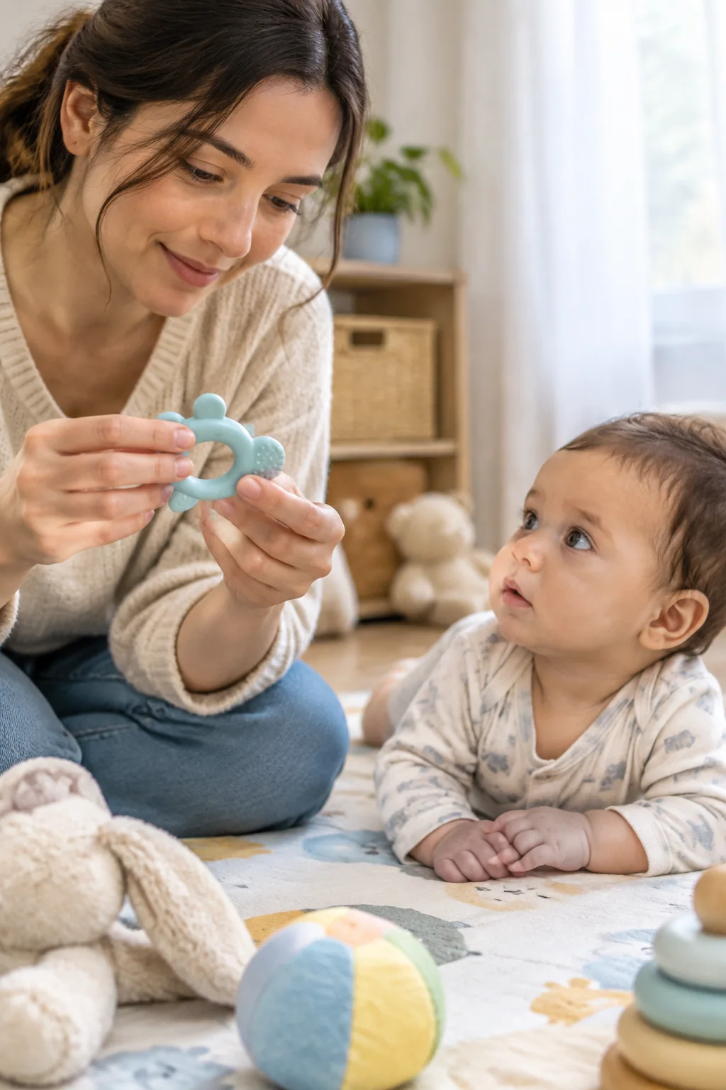 Caregiver checking a one-piece teething toy before offering it to a baby