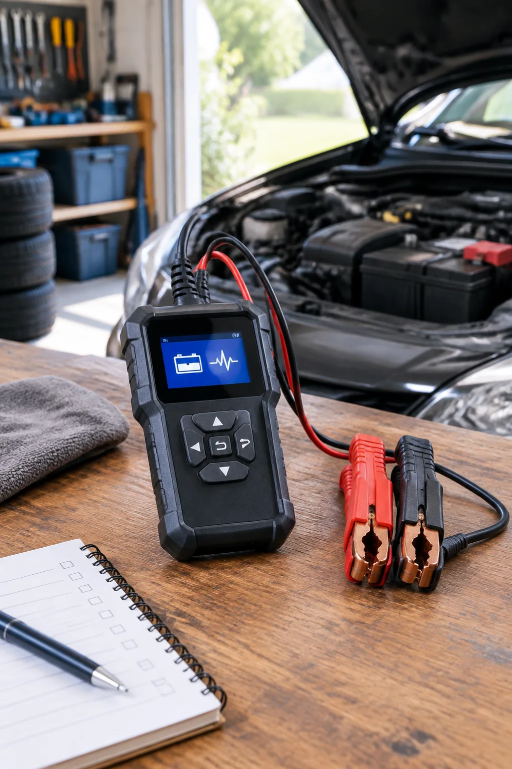 the TOPDON BT200 battery tester in a realistic everyday product scene