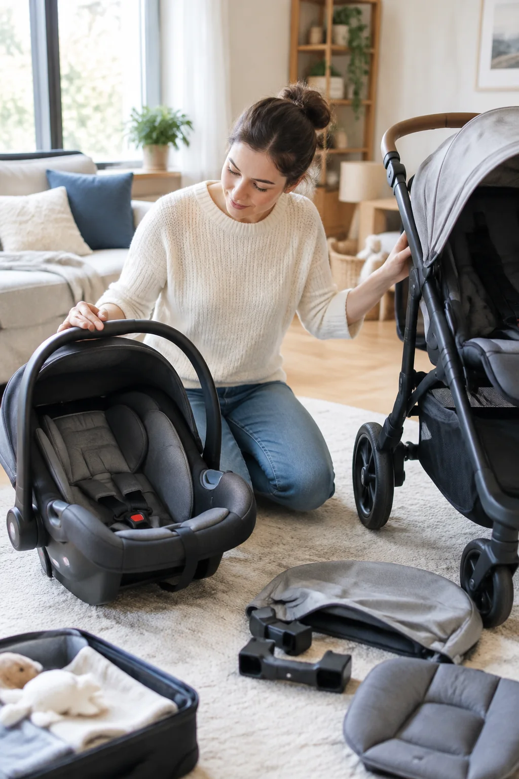 Parent comparing stroller and infant seat components at home