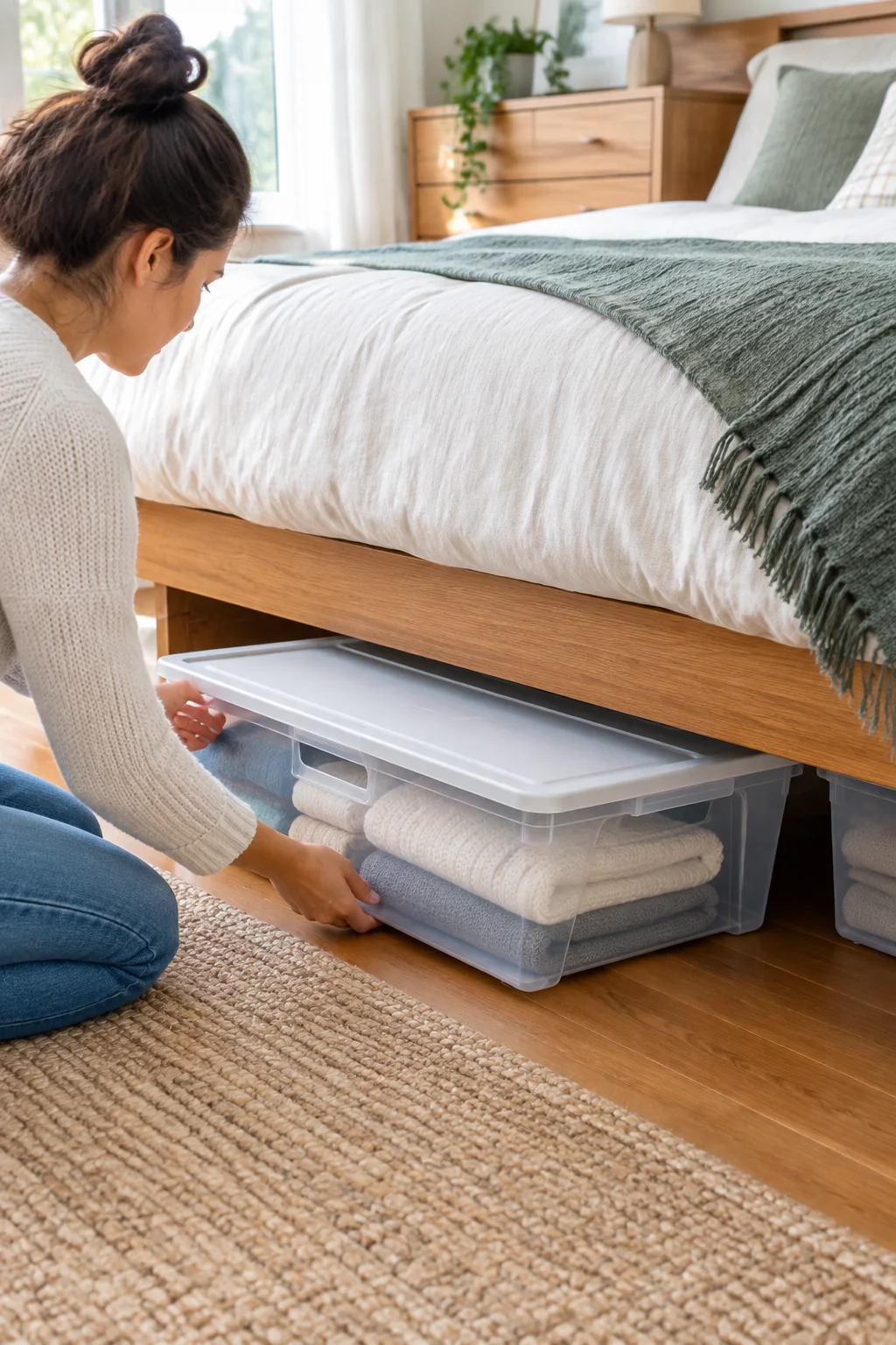 low profile under-bed storage in a lived-in home and garden scene