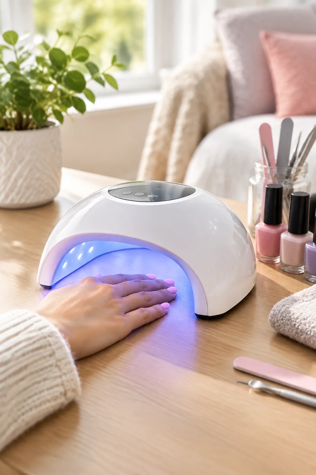 a UV nail lamp in a realistic everyday product scene