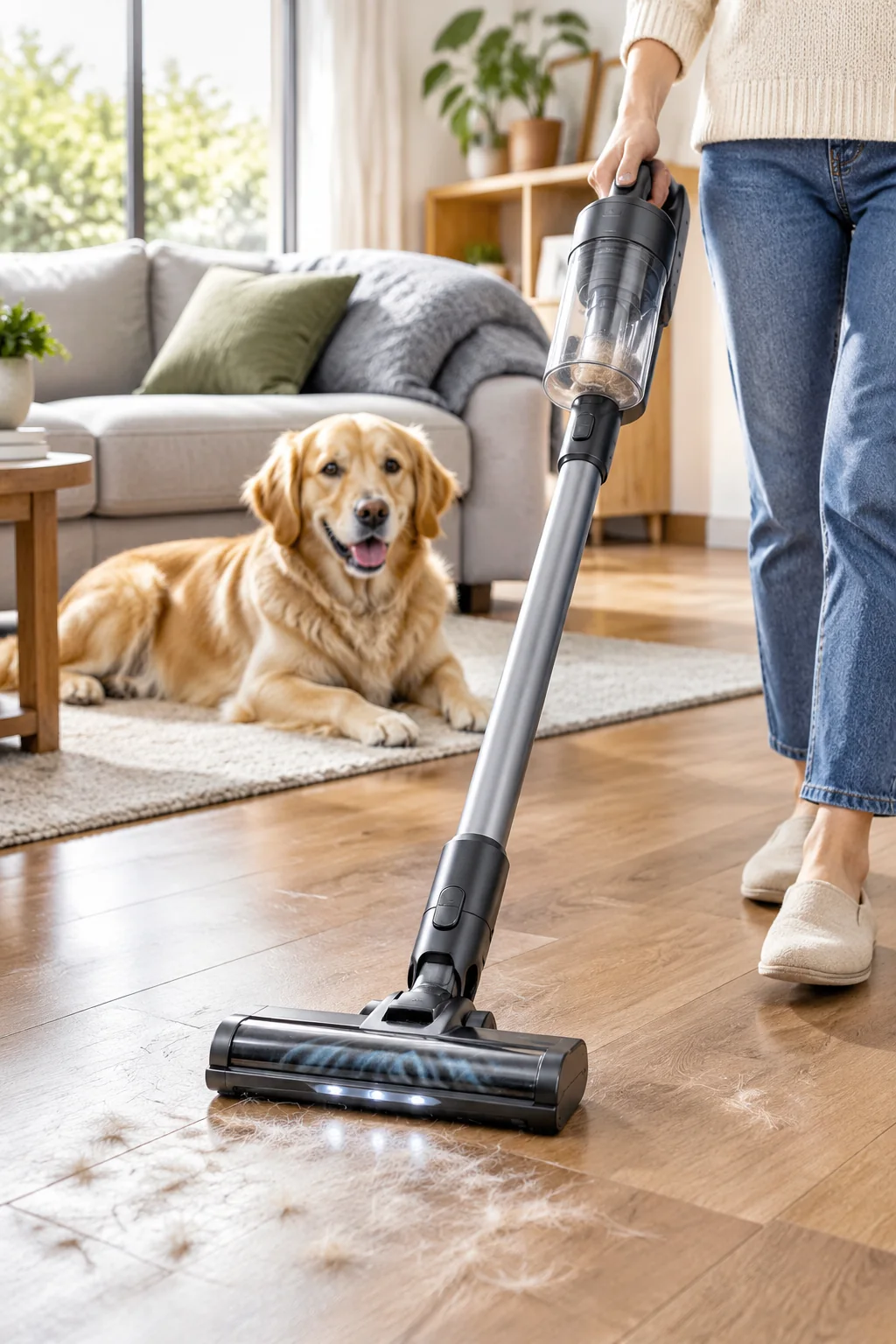 a floor vacuum in a lived-in home and garden scene