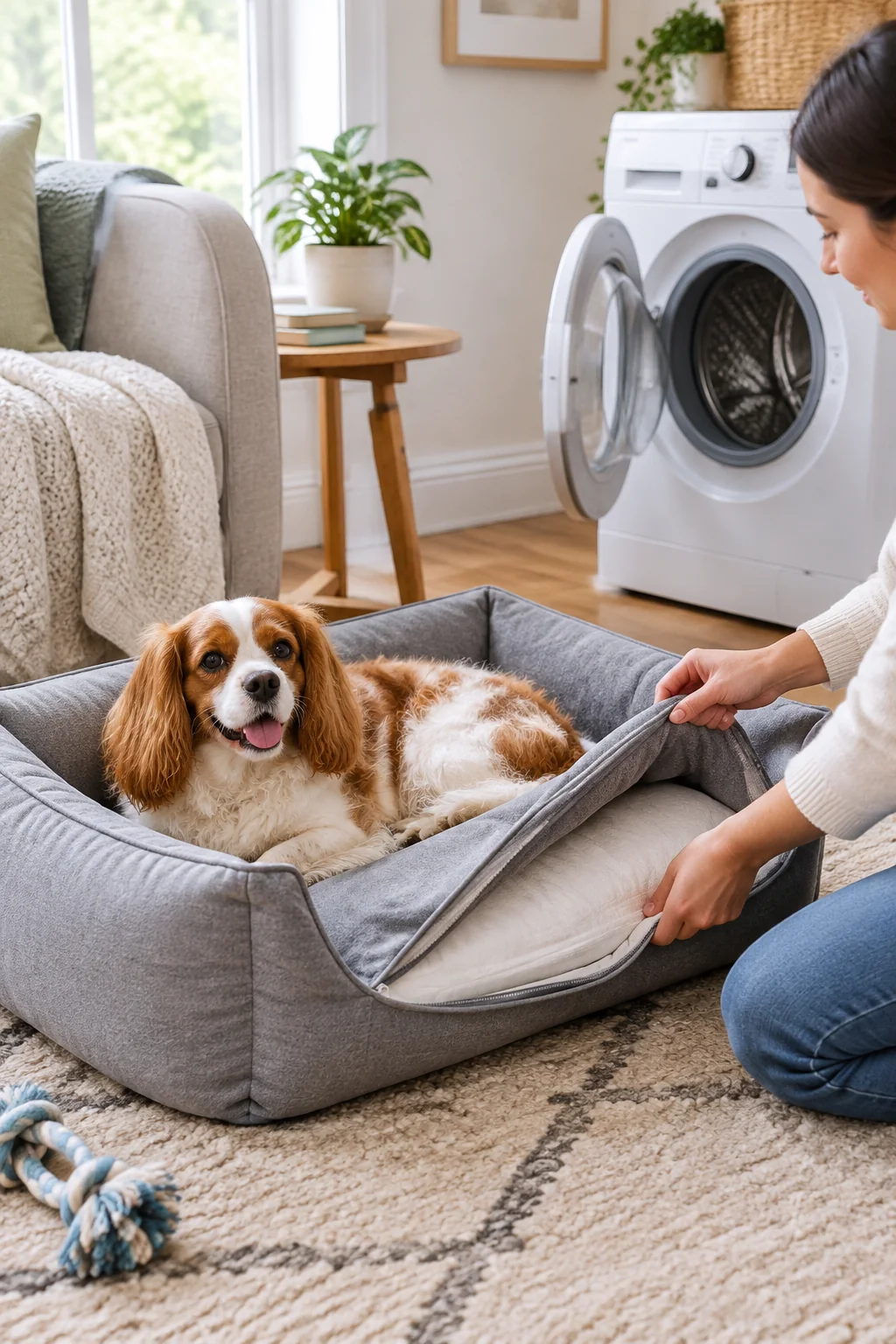 a washable dog bed in a calm everyday pet-care scene