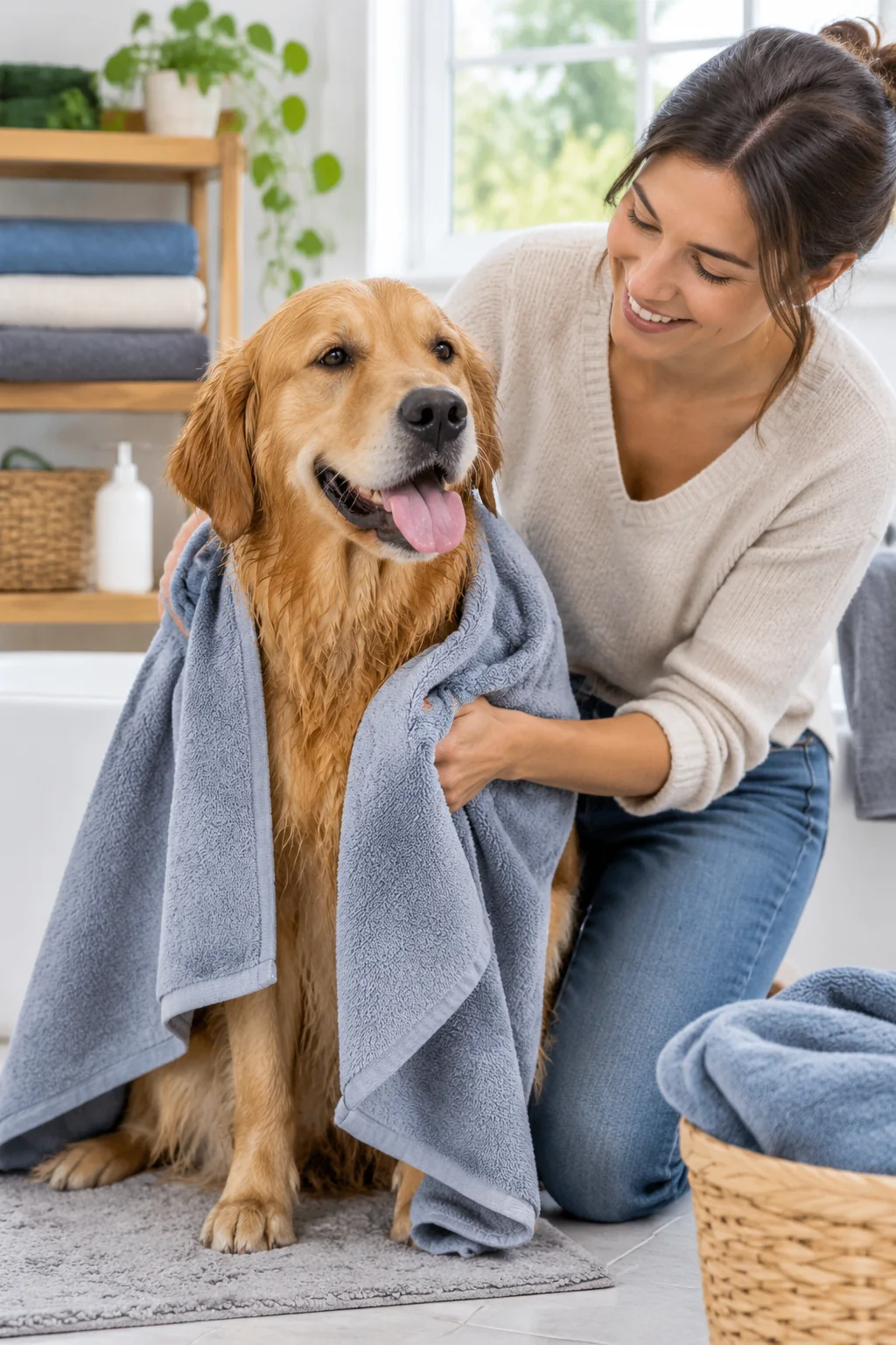 quick-dry pet towels in a calm everyday pet-care scene