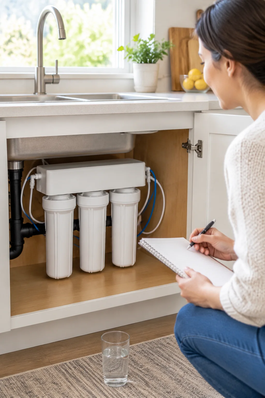 the Waterdrop 10UA under-sink water filter system in a realistic everyday product scene