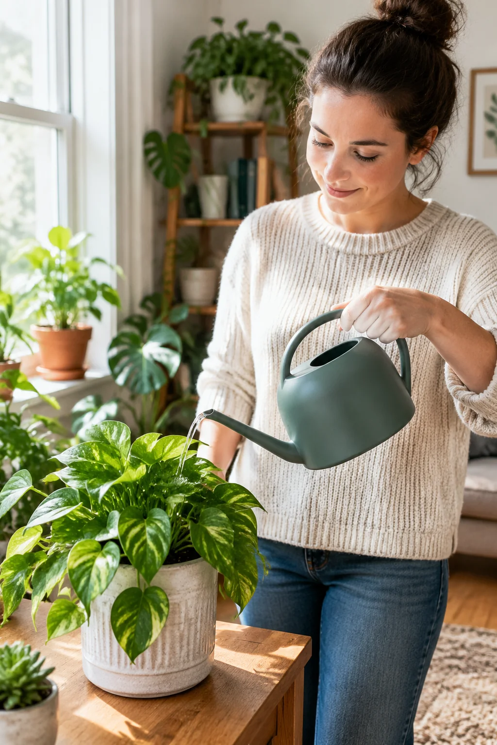 a compact watering can in a lived-in home and garden scene