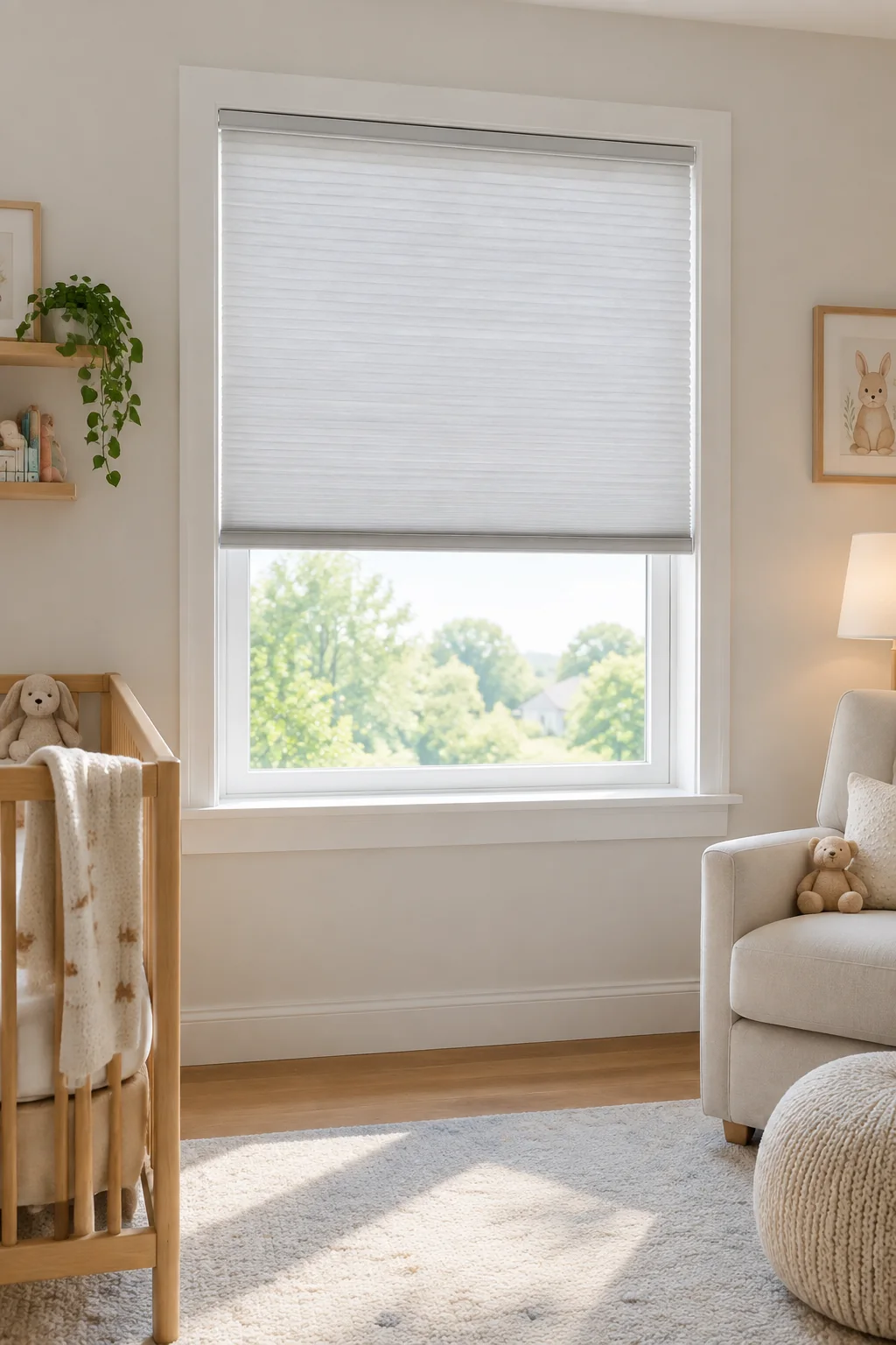 Nursery window fitted with cordless shades and clear space around the window