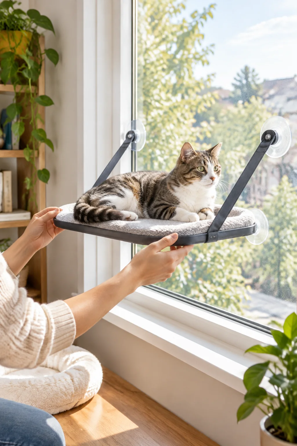 a stable cat window perch in a calm everyday pet-care scene